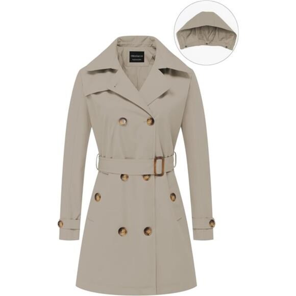 Women's Trench Coat Double-Breasted Classic Lapel Overcoat Belted - Picture 7 of 7